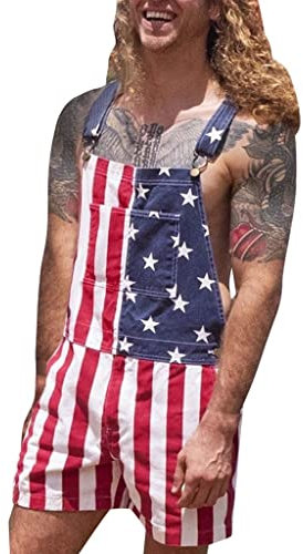 Salopette da uomo con bandiera americana stampa bandiera americana pantaloncini pagliaccetti cinghie regolabili tute da lavoro salopette tute tute tute pantaloncini con bretelle pantaloncini hot pants