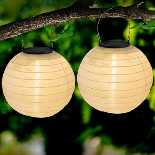 Yomaido Solar Lampions außen wetterfest, 2x25cm Solar LED Papierlaternen, Wasserdicht Nylon, Warmweiß