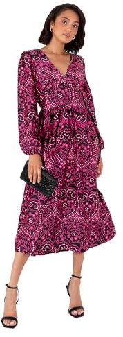 Lovedrobe Women's Midi Dress Ladies Long Balloon Sleeve V-Neck Satin Button Front Split Vibrant Print A-Line Evening Occasion Vestido, Rosa Fucsia, 52 Mujeres