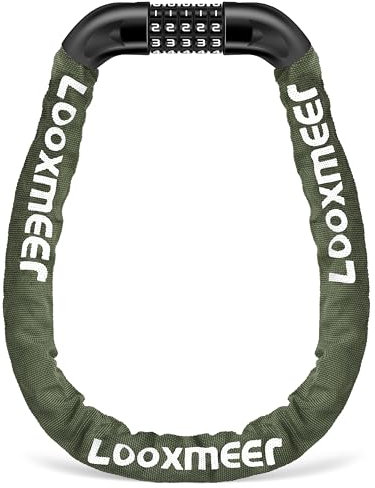 Looxmeer Chaîne Antivol Vélo Amélioré 90 cm, Chaîne Cadenas Vélo avec Fiche Épaissi, Chaîne Vélo Antivol Robuste en Alliage de Zinc, Antivol Code à 5 Chiffres pour Vélos, Motos, Scooter,Olive Verte