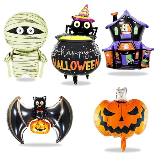 KOBOKO Halloween Deko Folienballon, 5 Stück Halloween Luftballons, Fledermaus Deko Halloween Kürbis Balloons, Hexe Spinne Ballons Halloween Party Deko, Geist Ballon für Geburtstag Deko Kinder Zubehör