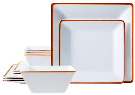 TP 12-Piece Dinnerware Set, Melamine Dishes Set with Bowls and Plates, Non-breakable and Lightweight Square Dinner Set for 4, White with Rim