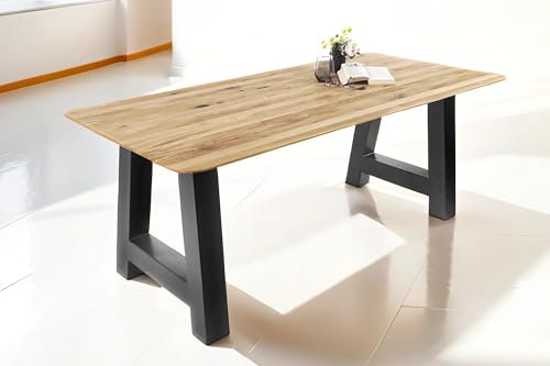 SAM Esstisch 180 x 90 cm Lotte, Eichenholz massiv & geölt, Esszimmertisch mit Schweizer Kante/runde Ecken, A-Gestell aus Metall Schwarz, pflegeleichter Holztisch
