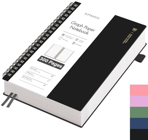 EMSHOI Notizbuch A4 Kariert, Spiral Notizblock mit 300 Seiten / 150 Blatt, 100gsm Kariert Papier zum Schreiben, PVC Hardcover, Notizbücher für Schule, Arbeit, Zeichnen, Reise, 21.5 x 27.9 cm - Schwarz