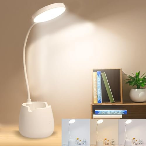 GOEDCH 3 Helligkeiten Schreibtischlampe für Kinder: LED Tragbar Tischlampe mit Augenschutz, USB-aufladbare Leseleuchte mit Berührungssensor, 4000 mAh 360° Verstellbar Schwanenhals Leselicht, Weiß