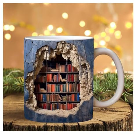 Tazas de libros con efecto 3D – Taza de estantería 3D de 11 oz for amantes de los libros, taza de cerámica de biblioteca creativa, impresión HD, taza de té for bebidas frías y calientes, regalos de Na