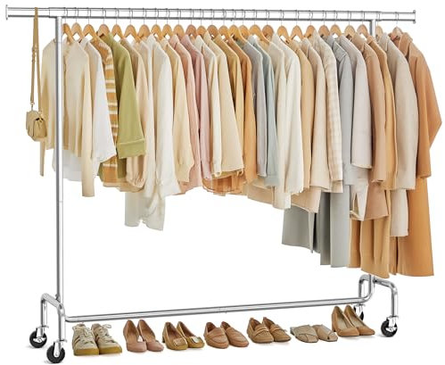SONGMICS Portant à Vêtements avec Roulettes, Tringle Extensible pour Charge Lourde, Capacité de Charge 110 kg, 45 x (160-200) x 162,9 cm, Porte-manteau, en Métal, Chromé, Argent HSR176E01