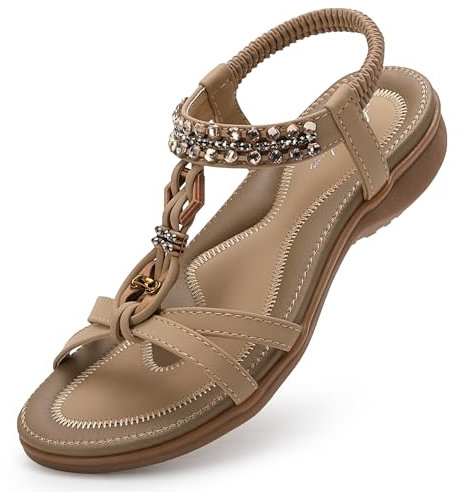 Littleplum Sandalen Damen Sommer Flache Sandalette Bohemia Sandals mit Strass Perlen Freizeit Damen Strand Schuhe Sandalen, 23-Beige,40 EU