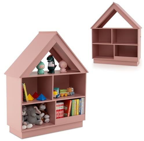 HOMFME Bibliotheque Enfant en Forme de Maison avec 5 Compartiments Ouverts, Meuble de Rangement à 3 Niveaux avec Dispositif Anti-Basculement, Étagère d’Affichage, Idéal pour Chambre d’Enfant (Rose)