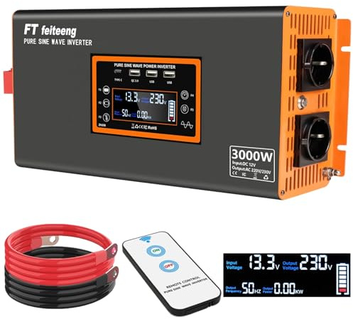 3000W/6000W Wechselrichter 12V auf 230V Reiner Sinus, EU Steckdosen, 30W USB-C, LCD-Fernbedienung, Spannungswandler für Wohnwagen LKW Solar
