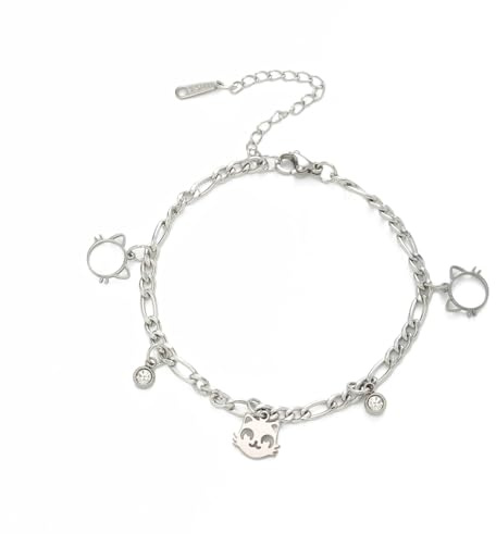 UNIFT Katze Kopf Smiley Armband Fußkettchen für Frauen Edelstahl niedlichen Cartoon Katze Kopf Smiley Gesicht Armband Fußkettchen Haustier Schmuck Geschenk für Tierliebhaber (Silber 3)