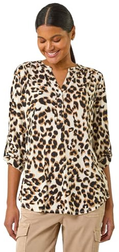 Roman Shirt for Women UK Ladies Top Collarless Blouse Stretchy Tunic Smart Casual Autumn Winter Jersey 3/4 Length Sleeve Notch V Neck Flattering Office Work - Tan - Size 12