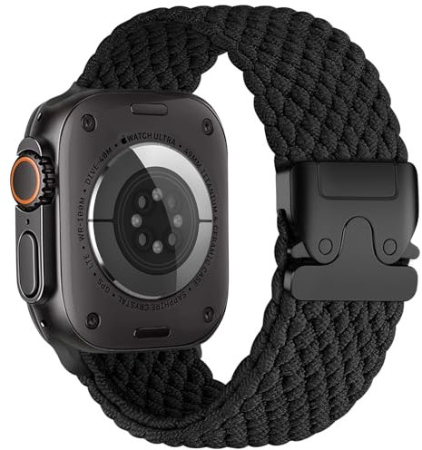 PIOWNN Braided Straps Compatible with Apple Watch Ultra 2 Strap 49mm 46mm 45mm 44mm 42mm - Stretchy Fabric Nylon Band with Parachute Buckle - for iWatch Series 10 9 8 7 SE 6 5 4 3 2 1, Black