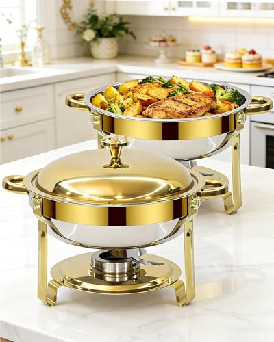 Set completo di scaldavivande per buffet, confezione da 2 scaldavivande rotondi in acciaio inox, per feste in casa, riunioni di Natale, catering, eventi (oro 2)