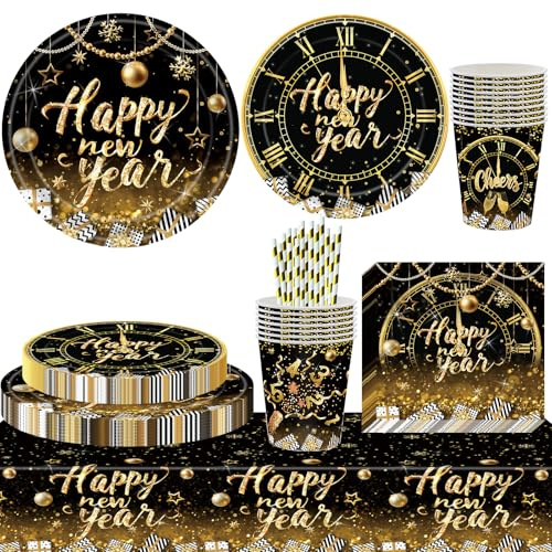 101 Stück 2027 Silvester Partygeschirr Set,Schwarz und Gold Neujahr Party Teller ,2027 Happy New Year 2027 Partygeschirr ,Silvester Geschirr Partyzubehör Teller Party Dekoration (Neujahr)