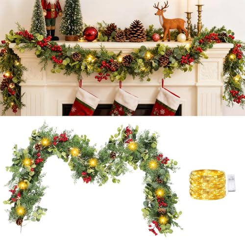 Weihnachtsgirlande, 3m 30leds Tannengirlande Mit Beleuchtung, Weihnachtsdeko Realistische Girlande Weihnachten, Batteriebetrieben Beleuchtung Weihnachten, Weihnachtsbeleuchtung Für Treppen Haustür
