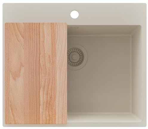 PRIMAGRAN Evier Cuisine en Granit au Meuble 60cm + Kit de Vidage, 58x50cm | Set: Kit de Vidage (Siphon, bonde d’évacuation, trop-plein) + Planche à Découper + Lavabo 1 Bac - Riga, Tout Beige
