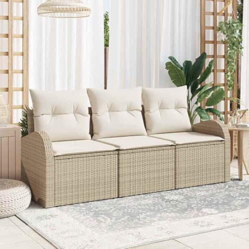 Holamys Gartensofa-Set Beige Poly-Rattan, Modulares Outdoor Möbelset mit 3 Sitzen, UV-beständig, Leichte Terrassenmöbel für Balkon und Garten, Langlebig
