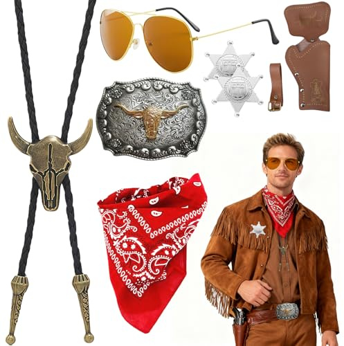 Cowboy Kostüm Herren Set 8-Teilig - Bandana, Pistolenholster, Sheriffstern*2, Gürtelschnalle, Halskette, Sonnenbrille Und Gürtel - Western Outfit, Für Karneval Kostüm Herren, Faschingskostüme Männer