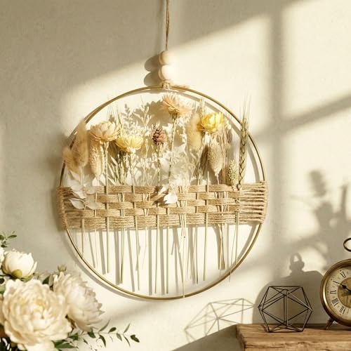 Qivra Trockenblumenkranz, 25 * 25cm Türkranz Deko, DIY Natur Trockenblumenkranz Ring, Frühlingskranz Sommerkranz Girlande Homedeko Hochzeitsdeko, Tür Wand Dekoration