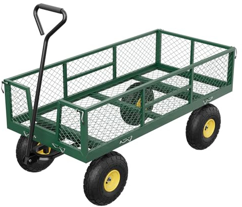 Garvee Chariot de Jardin Robuste 900LBS – Sides en Maille Amovibles – Poignée réglable – Pneus 25 cm – Corps Vert, poignée Noire, Rayons Jaunes