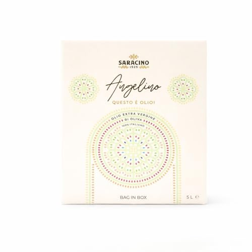 SARACINO 1925-Olio Extravergine di Oliva Italiano 100% – <25°C – Blend Leccino, Cellina di Nardò e Ogliarola Salentina – Bassa Acidità <0,4% – Bag in Box 5 Litri con Rubinetto