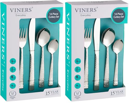 Viners Everyday Glisten Cutlery Set |18/0 Stainless Steel | 16 Pieces | Serves 4 | Hammered, Square Edge Handles | Mirror Polish (Pack of 2)
