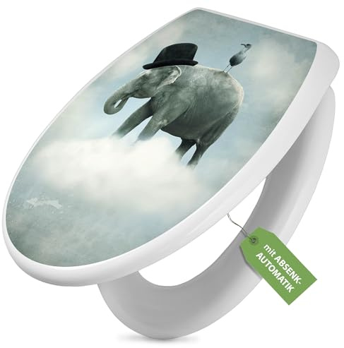 banjado Toilettendeckel mit Absenkautomatik 44,5x37cm - Soft Close Toilettensitz - WC Sitz mit Absenkautomatik - Klodeckel aus Duroplast mit Edelstahl Scharnieren, einfache Montage - Motiv Elefant und