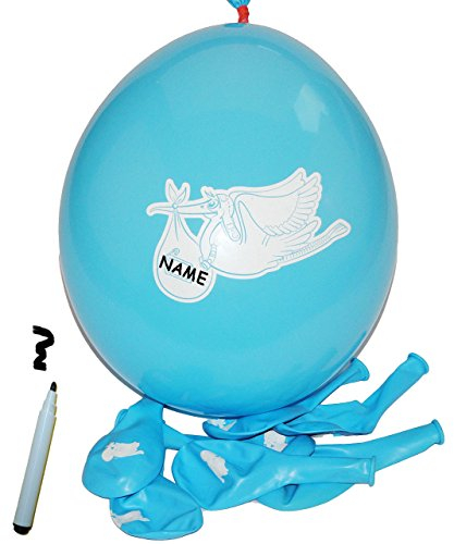 alles-meine.de GmbH 8 TLG. Set Luftballons - Storch mit Baby - blau - mit Namen zum Beschriften - Ballon für Helium oder Luft - Kinder/Jungen - zur Geburt/Willkommen - ..