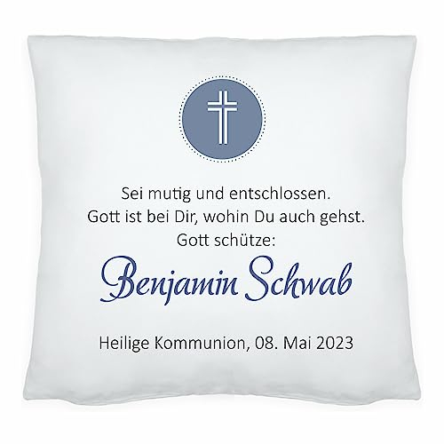 4youDesign Personalisiertes Deko-Kissen -Gott schütze- mit Namen - Zierkissen mit Spruch zur Konfirmation, Firmung, Kommunion - Geschenkidee für Jungen (blau)