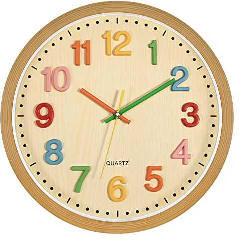 Foxtop Silent Kids Wall Clock Non-Ticking Battery Operated Colorful Childrens Clock for Classroom Playroom Nursery Bedrooms Kids Room (3D Numbers, 12 inch)