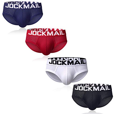 JOCKMAIL 4pcs/Pack Mens Underwear Briefs Mesh Low Waist Comfortable Soft Briefs Underpants (M, Red+Black+Navy+White)