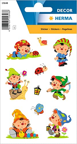 HERMA 15648 Aufkleber Wichtel klein groß, 30 Stück, Zwerge Sticker mit Kobold Gnom Motiv, Kinder Etiketten für Fotoalbum Tagebuch Poesiealbum Scrapbooking Geburtstag Dekoration Briefe DIY Basteln