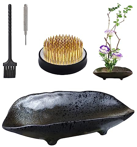 WANDIC Blumenarrangement-Zubehör, Boots-Form, Ikebana-Vasen aus Keramik, mit 4 cm runden Froschblumen, für Ikebana-Blumenarrangement, Kunst, Heimdekoration, schwarz gepunktet