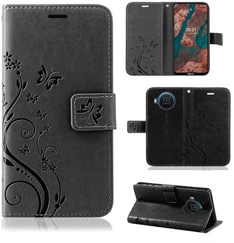 betterfon Hülle Kompatibel mit Nokia 2.4 | Premium PU Leder Handyhülle Wallet Case für 2.4 | Schutzhülle Blumen Klapphülle Handyhülle | Schwarz