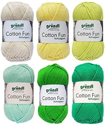 6x50 Gramm Gründl Cotton Fun Häkelgarn Strickgarn inkl. Anleitung für EIN Meerschweinchen (Grün Gelb Mix)