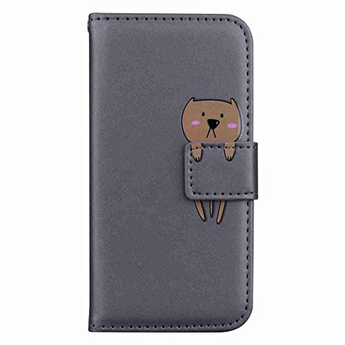 Skyhewen iPhone XR Case, PU Leather Flip Wallet Cute Case for Women Girls with [Kickstand] [Magnetic Clasp] [Card Holder] [Animal Pattern] for iPhone XR, Gray & Bear