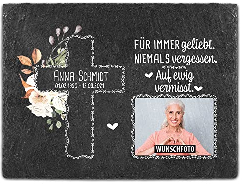 PR Print Royal Schieferplatte selbst gestalten - Gedenktafel mit Foto, Name & Datum bedrucken - Für immer geliebt - Grabtafel, Grabschmuck - Schiefertafel 15x20 cm I Personalisierte Erinnerung