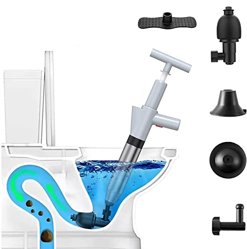SRHIMEOS Toilette Pömpel, Rohrreiniger mit 4 Austauschbaren Köpfen und Echtzeit-Barometer, Toilettenkolben für Waschbecken/Badewanne/Bodenablauf/verstopftes Rohr (Grau)