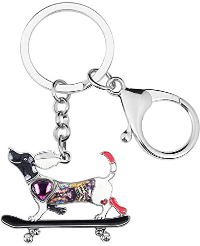 DALANE Emaille Kristall Skateboard Dackel Schlüsselanhänger Hund Schlüsselring Haustiere Schmuck Geschenke für Damen Mädchen (Schwarz)