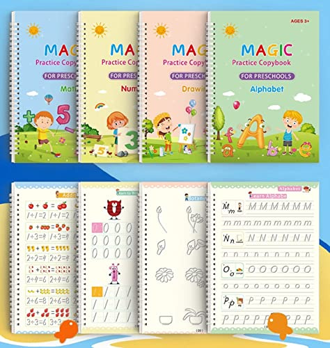 GLUN Wiederverwendbares magisches Übungsnotizbuch, 4 Bücher, Mathematik, Zeichnen, Alphabet, Zahlen, Stift mit 10 Nachfüllungen, magische Kalligraphie-Bücher für Kinder