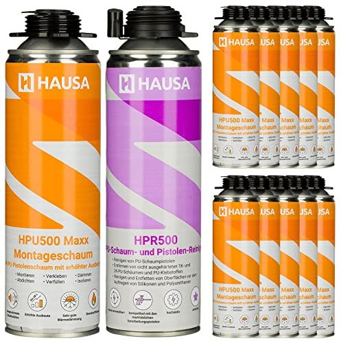 HAUSA Bauschaum-Set 11x Montageschaum 500ml grau inkl. 1x Pistolen-Reiniger 500ml; Pistolenschaum zum Verfüllen Dämmen Abdichten, extrem hohe Ausbeute, ausgezeichnete Dämm- & Isoliereigenschaften