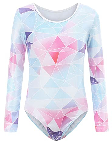 SEAUR - Turnanzug Mädchen Gymnastikanzug Langarm Kinder Trikot Gymnastik Klassisch Tanzen Kleidung Ballet Trikotanzug Weiß Geometrische Muster 100-110CM