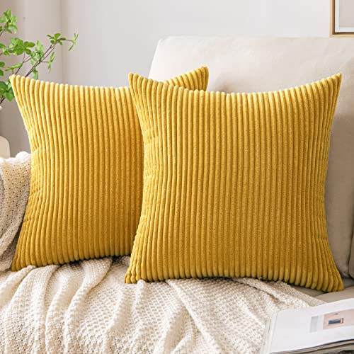 EMEMA Kissenbezug 40x40 cm Herbst Kordsamt Kissenbezüge Dekokissen Sofakissen Cord Kissenhülle Zierkissenbezug Kord Dekorative Weiche für Sofa Wohnzimmer Schlafzimmer 2er Set Strohgelb