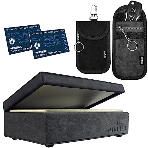 Ananta Faraday Box for Car Keys – Luxury RFID Signal Blocking Key Box, Magnetic Close, Twin Faraday Pouches & RFID Cards (Grey)