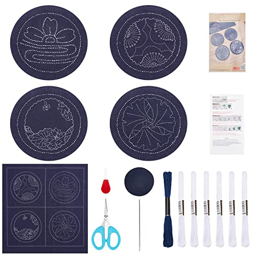 FREEBLOSS Set de 4 Sous-Verres Sashiko Rond Avec Gabarit pour Débutant - Kit de Broderie et Couture