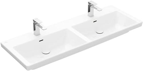 Villeroy & Boch Subway 3.0 Schrank-Doppelwaschtisch, 1300 x 470 mm, 2 Hahnlöcher, mit Überlauf, ungeschliffen, 4A71D5, Farbe: Weiß Ceramicplus