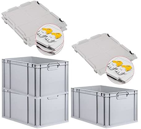 PROREGAL SuperSparSet 3x Eurobox NextGen Grip mit Scharnierdeckel und gelben Schiebeschnappverschlüssen, HxBxT 32x40x60cm, 65 L, Grau, Griffe geschlossen, Eurobehälter, Transportbox