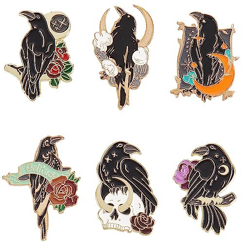 SUNNYCLUE 1boîte 6pièces Halloween Épinglette Halloween Émail Épingle Noir Fleur Crâne Lune Épinglettes Ensemble Gothique Broche Broches pour Femmes Hommes Halloween Fête Sac à Dos Chemise Veste Chape