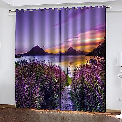 Flächenvorhang Set Sonnenuntergang Lavendel Seeblick Moderne Haushalt Schlafzimmer Balkon Wärmedämmung 3D-Druck Vorhang Panel Home Decor Vorhänge Für Wohnzimmer Bedroom Children's Room 150 X 166 cm (